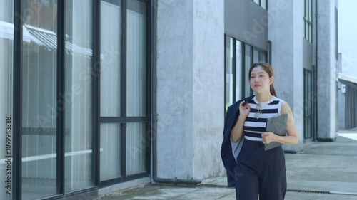 Wallpaper Mural Professional woman confidently walking near modern office buildings, carrying a tablet and jacket, representing business and ambition. Torontodigital.ca