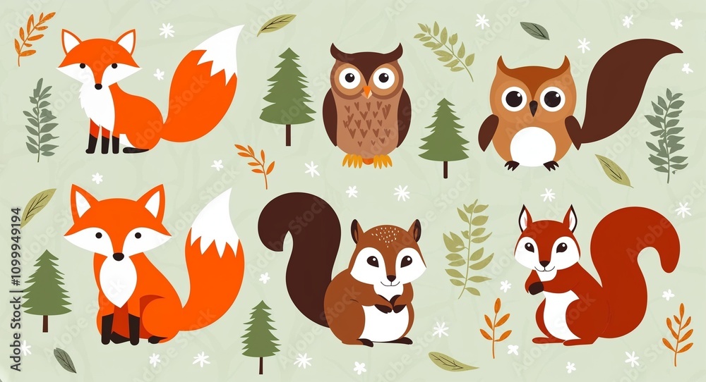 Fototapeta premium Illustrations of friendly woodland creatures like foxes owls and squirrels on a soft nature inspired background