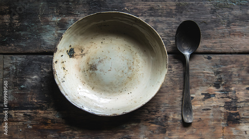 An empty, worn-out bowl with a tarnished spoon on a rustic wooden table, symbolizing poverty and hunger