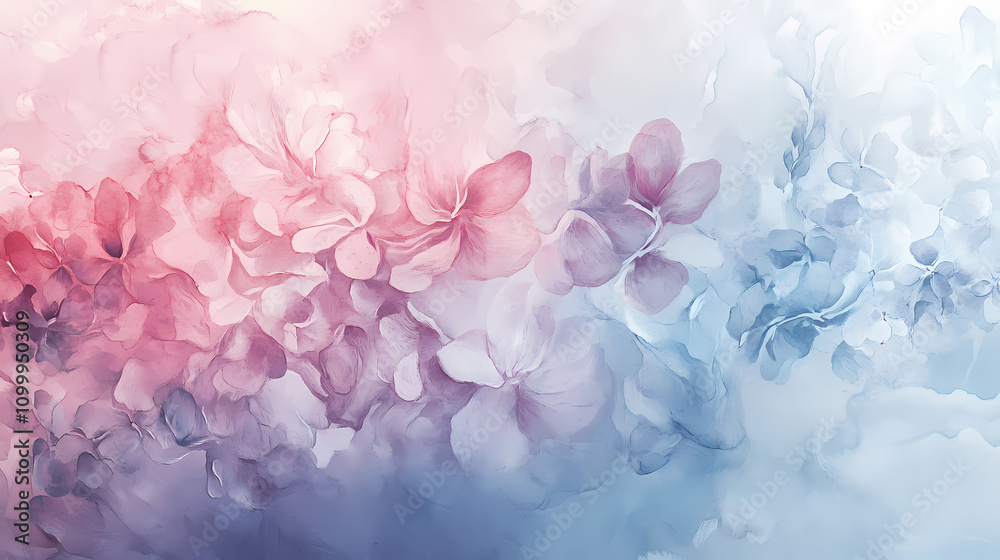 Fototapeta premium Abstract watercolor art with soft pastel colors and flowing shapes, featuring delicate floral accents and a misty, ethereal feel. Ethereal. Illustration
