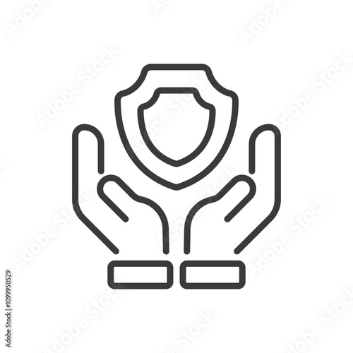 Insurance hands, icon in line design. Insurance, hands, protection, safety, security, coverage, shield on white background vector. Insurance hands editable stroke icon