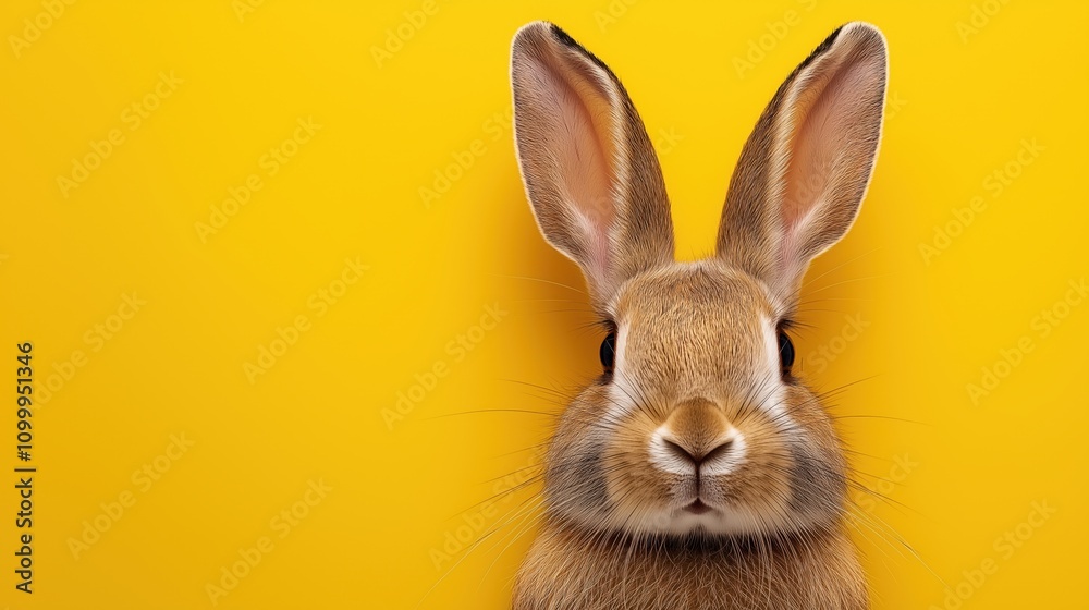 Obraz premium Close-up of a cute brown rabbit with large ears against a bright yellow background, capturing its detailed fur and expressive eyes in stunning clarity and focus.