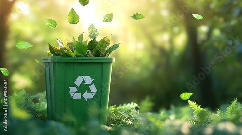 Eco Green Recycling Bin with Lush Leaves - Environmental Sustainability and Conservation Concept photo