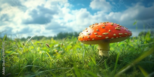 Wallpaper Mural A vibrant mushroom thriving in a lush grassy field, showcasing the beauty of nature. This large mushroom captures the essence of growth and the wonder of outdoor landscapes. Torontodigital.ca