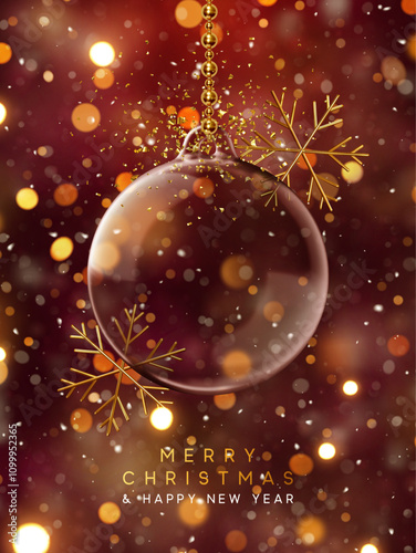 Merry Christmas and Happy New Year dark red background. Elegant glass Christmas ornament with golden snowflakes ,hanging on gold ribbon from beads, shimmering bokeh lights. Vector illustration