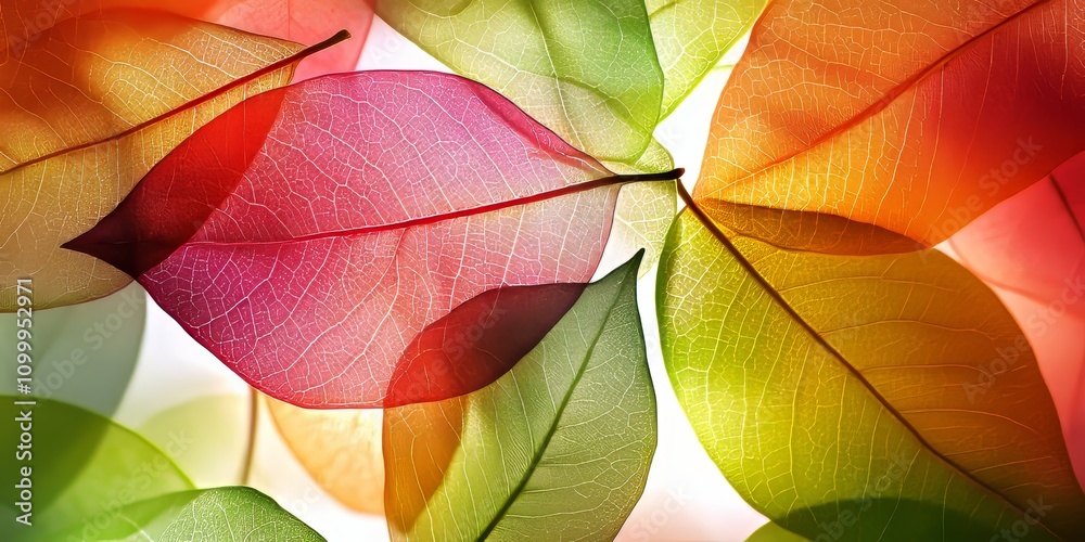 Obraz premium Backlit image featuring vibrant leaves, creating a stunning visual display of nature s beauty. This backlit image of leaves captures the essence of their delicate, intricate forms.