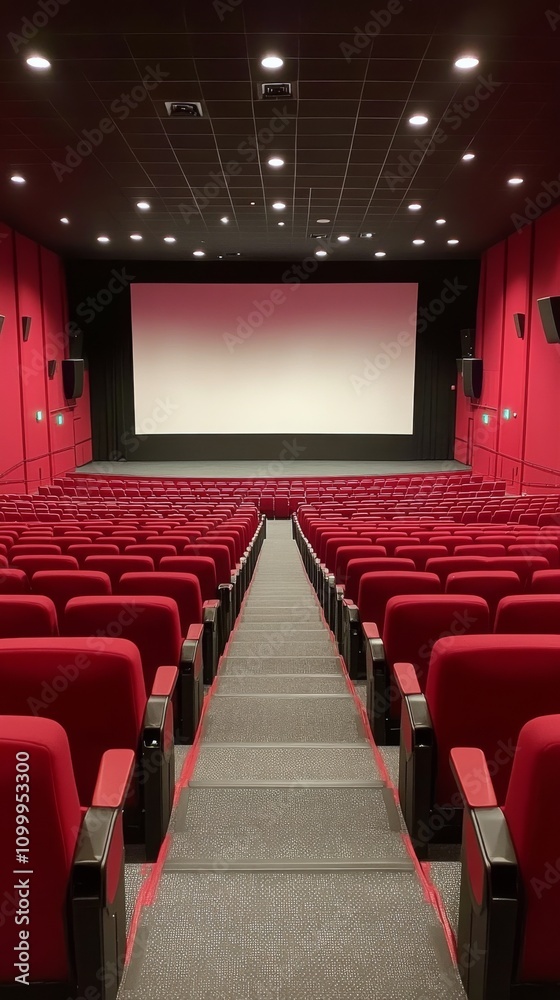 Fototapeta premium Rows of empty red theater seats leading to a blank screen in a modern cinema