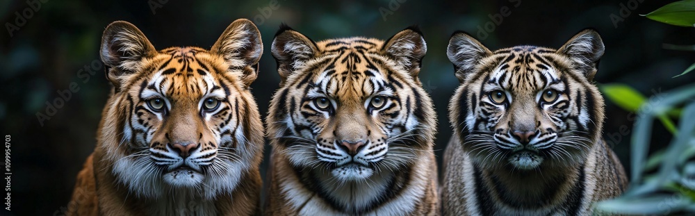 Obraz premium Three majestic sumatran tigers posing in the jungle