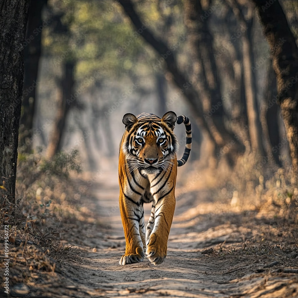 Obraz premium wild royal bengal female tiger or panthera tigris or tigress walking head on portrait with tail up on forest track in wildlife safari at ranthambore national park forest reserve rajasthan india asia