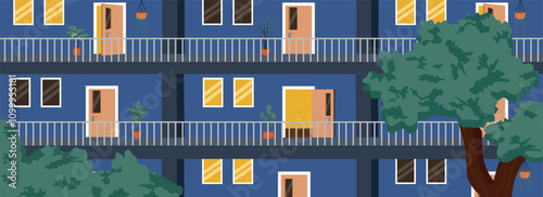 Hotel room balcony at night. Apartment with balcony. Classroom balcony. Night class. Night room. Classroom illustration. Apartment illustration. Dorm Illustration. 