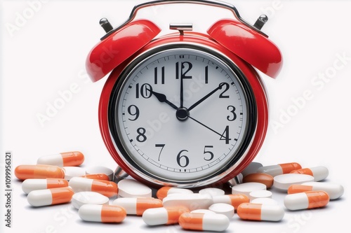 Close-Up View of Red Alarm Clock Surrounded by Various Colorful Pills on a White Background, Representing Medicine and Time Management for Health and Wellness photo