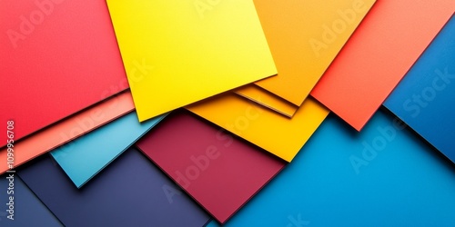 Vibrant composition of assorted colorful sheets of cardboard arranged on a white background, showcasing the beauty of cardboard in various hues from a top view perspective. photo