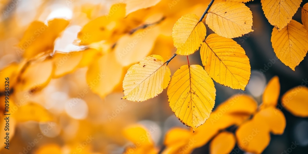 Obraz premium A close up vertical view of vibrant yellow autumn leaves on a tree showcases the beauty of autumn leaves in all their glory, highlighting the rich colors and intricate textures of autumn leaves.