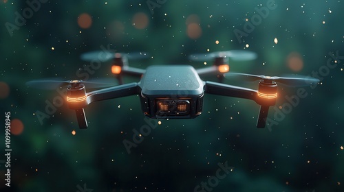 Anti tracking technology concept: A sleek, modern drone hovers in a misty, green environment, illuminated by soft lights, capturing a sense of technology and nature's beauty. photo