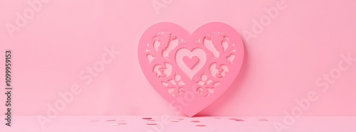 Intricate pink heart with floral patterns on pastel background