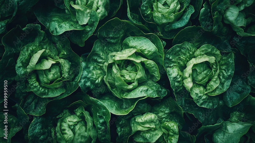 Fototapeta premium Lush green lettuce plants densely packed together, viewed from directly above, showing intricate leaf detail and texture.