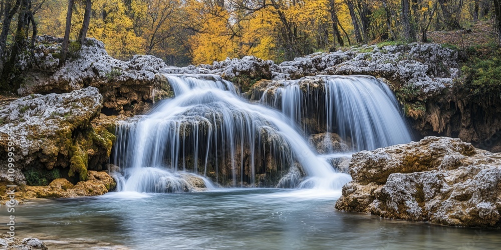 Obraz premium Stunning waterfalls showcase the beauty of nature, with mesmerizing cascades that create a serene atmosphere. Experience the charm of these beautiful waterfalls and their refreshing waters.