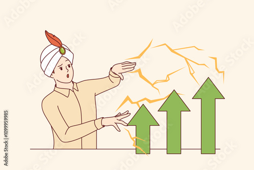 Man in wizard hat demonstrates business magic, increasing financial performance using fraudulent methods. Male sorcerer uses magic or tricks to improve economic performance of company