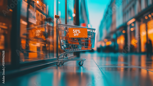 A metal shopping cart displaying a bold 