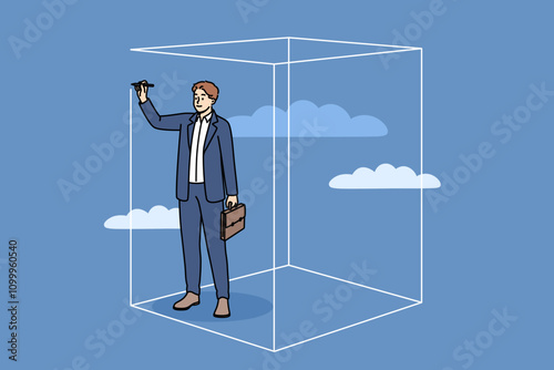 Personal space of business man drawing boundaries with pencil and flying among clouds. Positive guy in formal suit creating personal space and comfort zone to achieve psychological health
