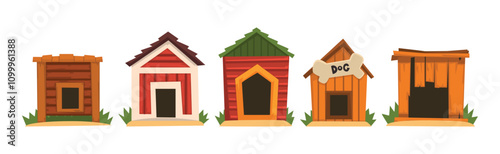 Wooden Dog House or Kennel on Green Grass Vector Set