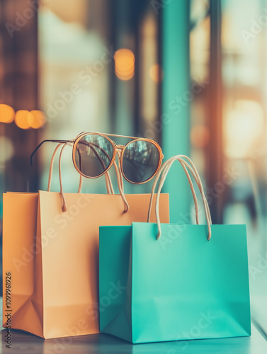 Two colorful shopping bags, one orange and one teal, with a pair of stylish sunglasses resting on top, set against a blurred background with warm lighting and a modern aesthetic. photo