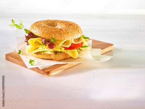 Bagel mit Salat und Kaese mit Tomate und frischer Kresse auf hellem Brotbrett mit Butterbrotpapier auf hellem Holzfond, photo