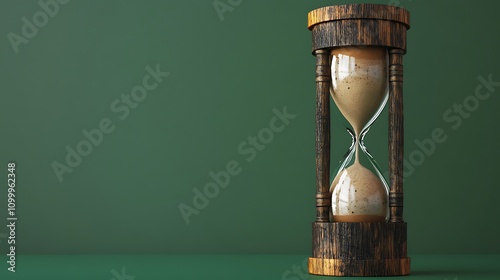 Rustic 3D hourglass with rough wooden texture and earthy tones, isolated on a solid forest-green backdrop