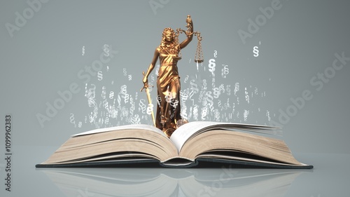 Justitia Statue und Gesetzbuch - 3D illustration.  photo