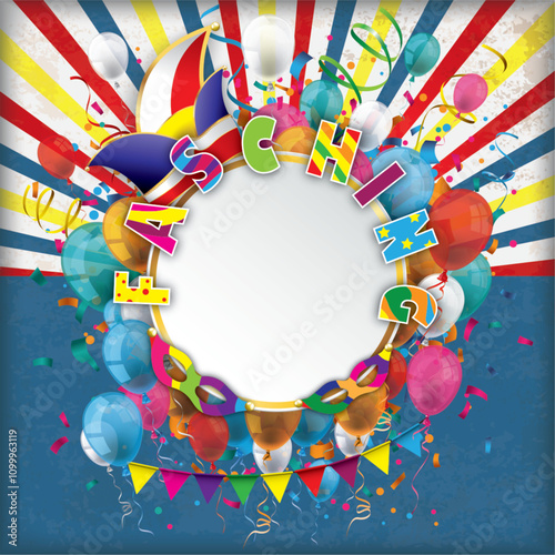 Karneval Cover mit Retrostrahlen, Konfetti und bunten Luftballons