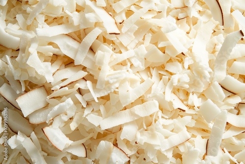 Shredded Coconut Flakes, Close-Up Showing a Soft and Fluffy Appearance. Excellent for Culinary Articles, Natural Ingredient Promotions, or Sweet Treat Marketing. photo