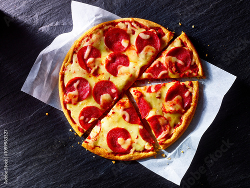 Pizza Salami auf weissem Backpapier auf Schieferplatte, italien, Pizza, Käse, pizzaslices,  photo