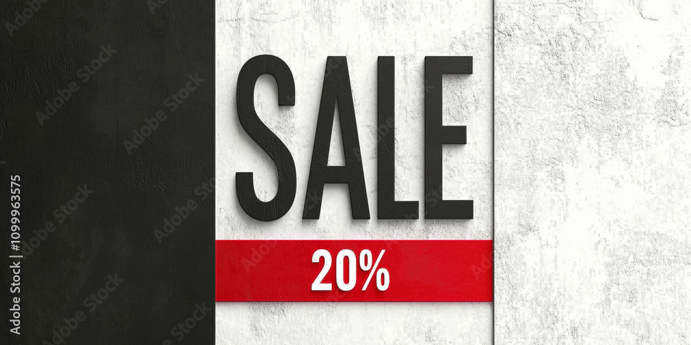 Obraz premium A clean and modern SALE banner featuring bold black typography and a striking red stripe displaying a 20% discount, set against a textured black-and-white split background for maximum impact.