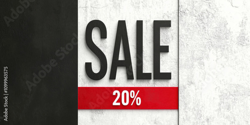 A clean and modern SALE banner featuring bold black typography and a striking red stripe displaying a 20% discount, set against a textured black-and-white split background for maximum impact. photo