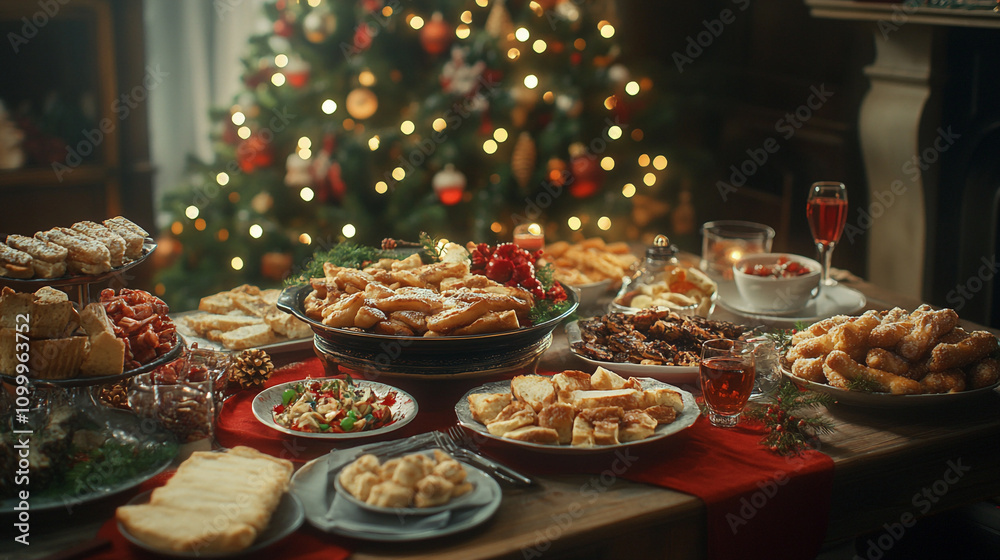Fototapeta premium Holiday feast featuring various dishes and festive decorations by the Christmas tree