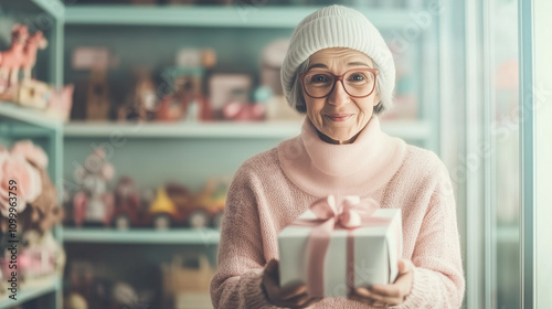 An elderly woman wearing glasses, a knit hat, and a cozy pink sweater smiles warmly as she holds out a gift-wrapped box with a pink ribbon, surrounded by a softly lit backdrop of toys and decor. photo