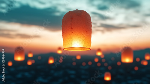 Floating lanterns illuminate sky at dusk, creating serene atmosphere. warm glow of lanterns contrasts beautifully with twilight backdrop, evoking sense of peace and wonder