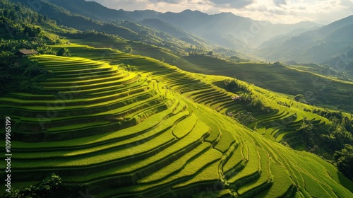 A beautiful rice paddy field with vibrant green rows, perfectly aligned under a bright sky. The endless stretch of green reaching the horizon emphasizes the richness of the agricultural land.