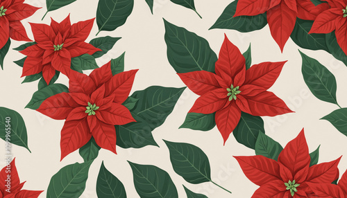 A cluster of bright red poinsettia flowers with green leaves, positioned on the left
