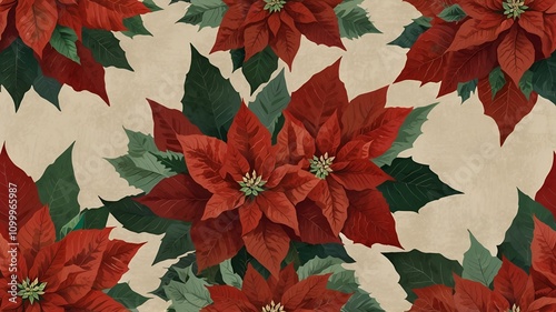 A cluster of bright red poinsettia flowers with green leaves, positioned on the left