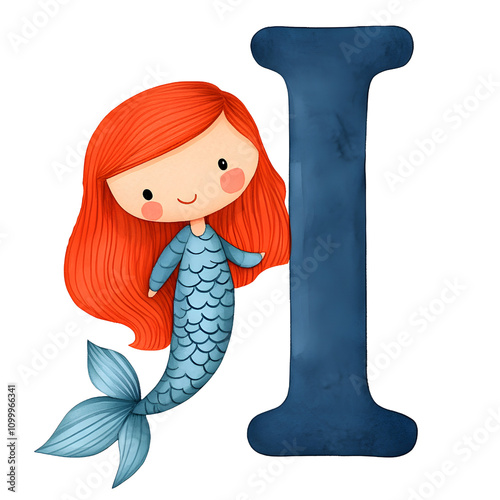 A cute, cartoon-style mermaid with vibrant red hair and a fish tail, playfully positioned next to a large blue letter.