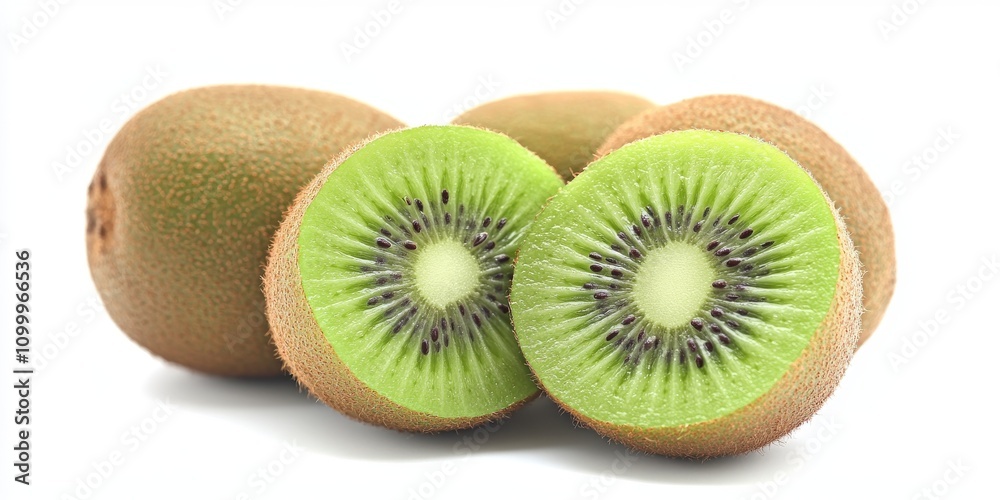 Fototapeta premium Fresh ripe kiwi fruits displayed against a white background, showcasing the vibrant green flesh and unique texture of ripe kiwi fruits, perfect for highlighting healthy eating and natural flavors.