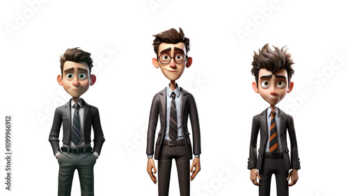 3D Illustration Cartoon Characters in Formal Attire on White Transparent Background