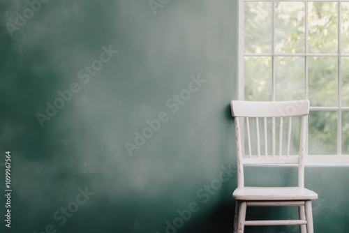 White wooden chair beside a large window in a green room setting