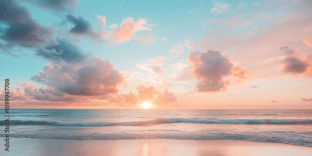 Obraz premium Dramatic cloudy sunset over the beach, showcasing vibrant hues as the sun sets. This captivating beach scene features a stunning display of colors against the cloudy sunset backdrop.