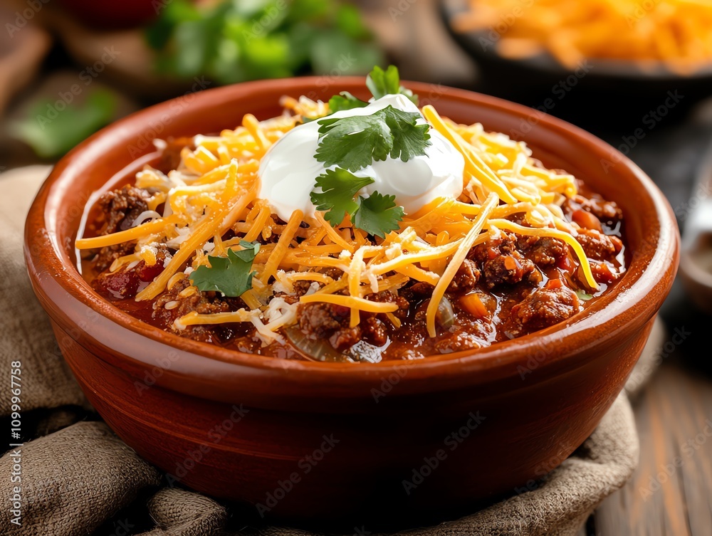 A bowl of spicy chili con carne topped with grated cheese and sour cream