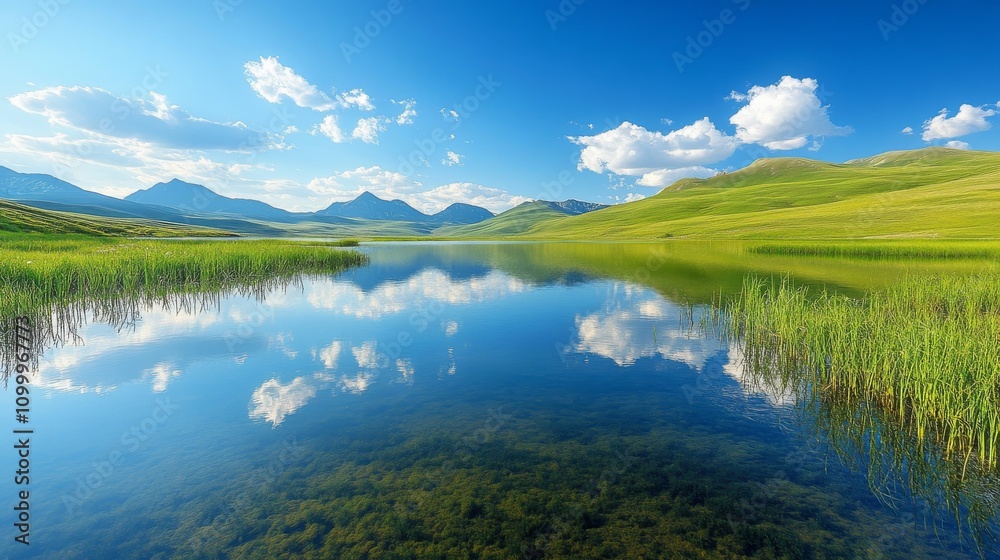 Obraz premium Serene Mountain Lake Reflecting Sky And Clouds