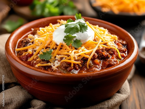 Obraz na płótnie A bowl of spicy chili con carne topped with grated cheese and sour cream w salonie