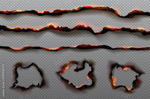 Burnt paper edges with fire fire scorched damages and black ash. Borders and realistic frames from scorched and and burned torn edges and holes isolated on transparent background