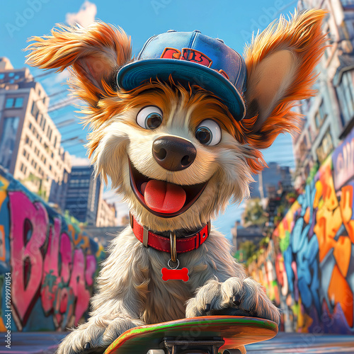 A scrappy cartoon-style dog with a skateboard photo